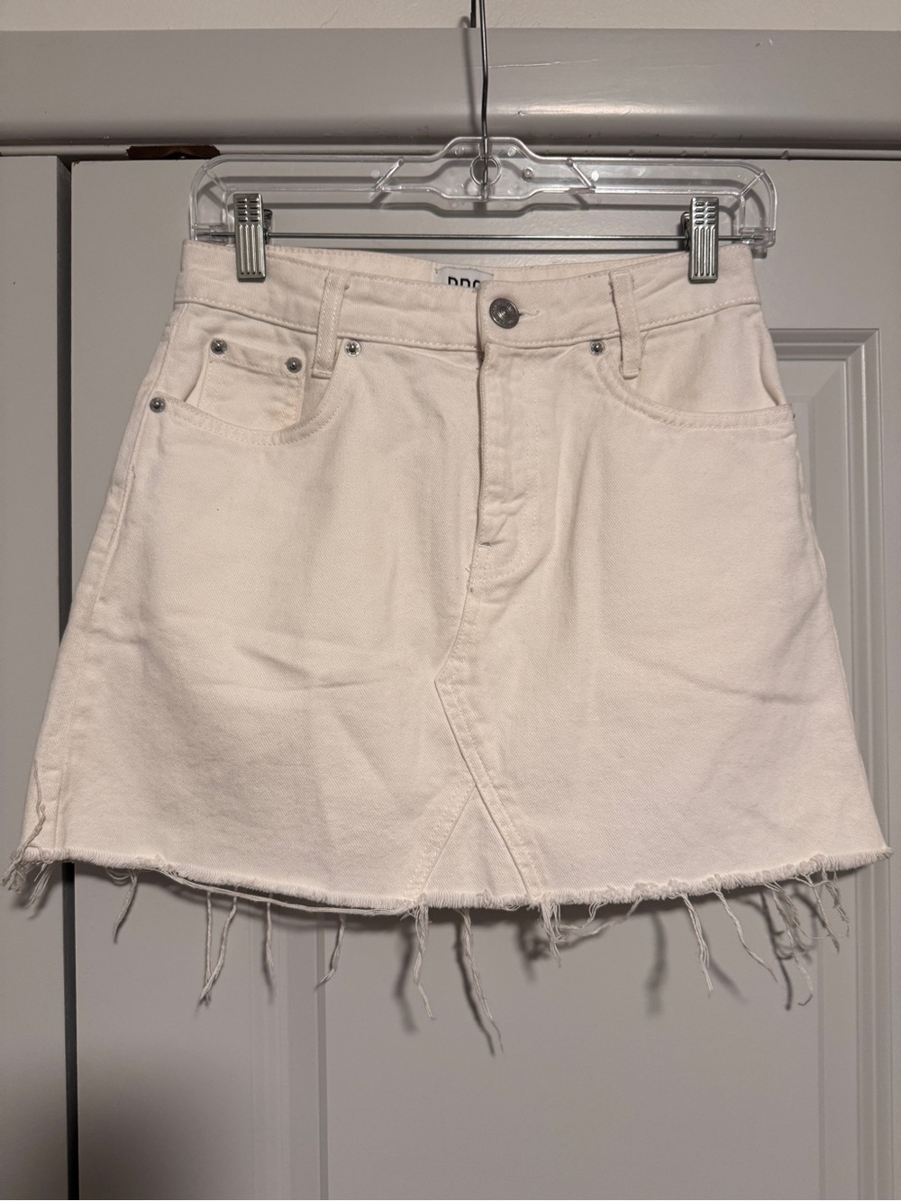 BDG White Denim Mini Skirt with Frayed Hem